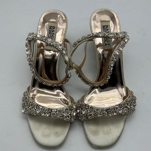 Badgley Mischka Ivory Satin Strappy Rhinestone Gali Wedge Sandal